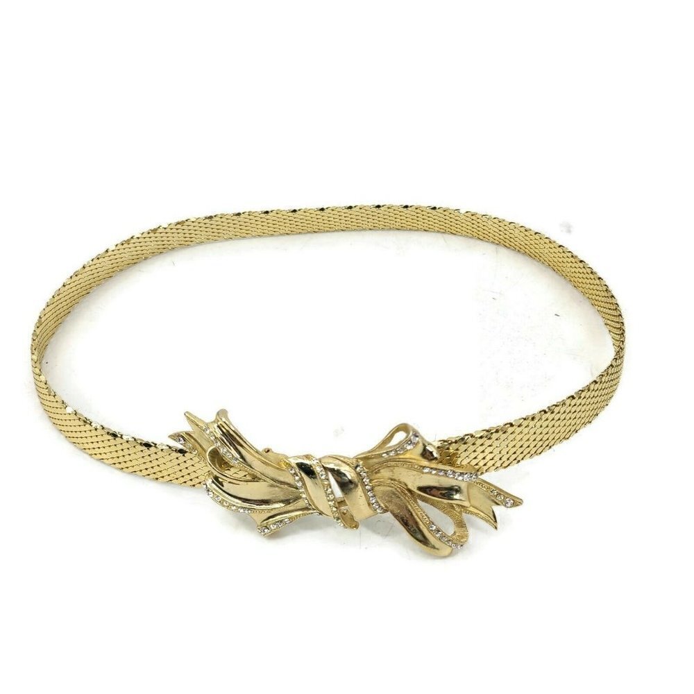 Vintage Whiting and Davis Gold Belt Womens 24" Bow Clasp Rhinestones